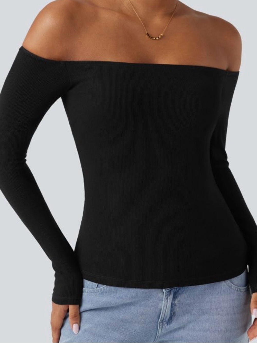 Ribbed Knit Off Shoulder Long Sleeve 2-in-1 Casual Top - Picture 1 of 8